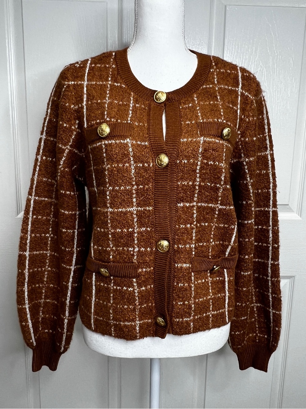 Marled Checkered Plaid Gold Button Cropped Cardigan Sweater M NWT